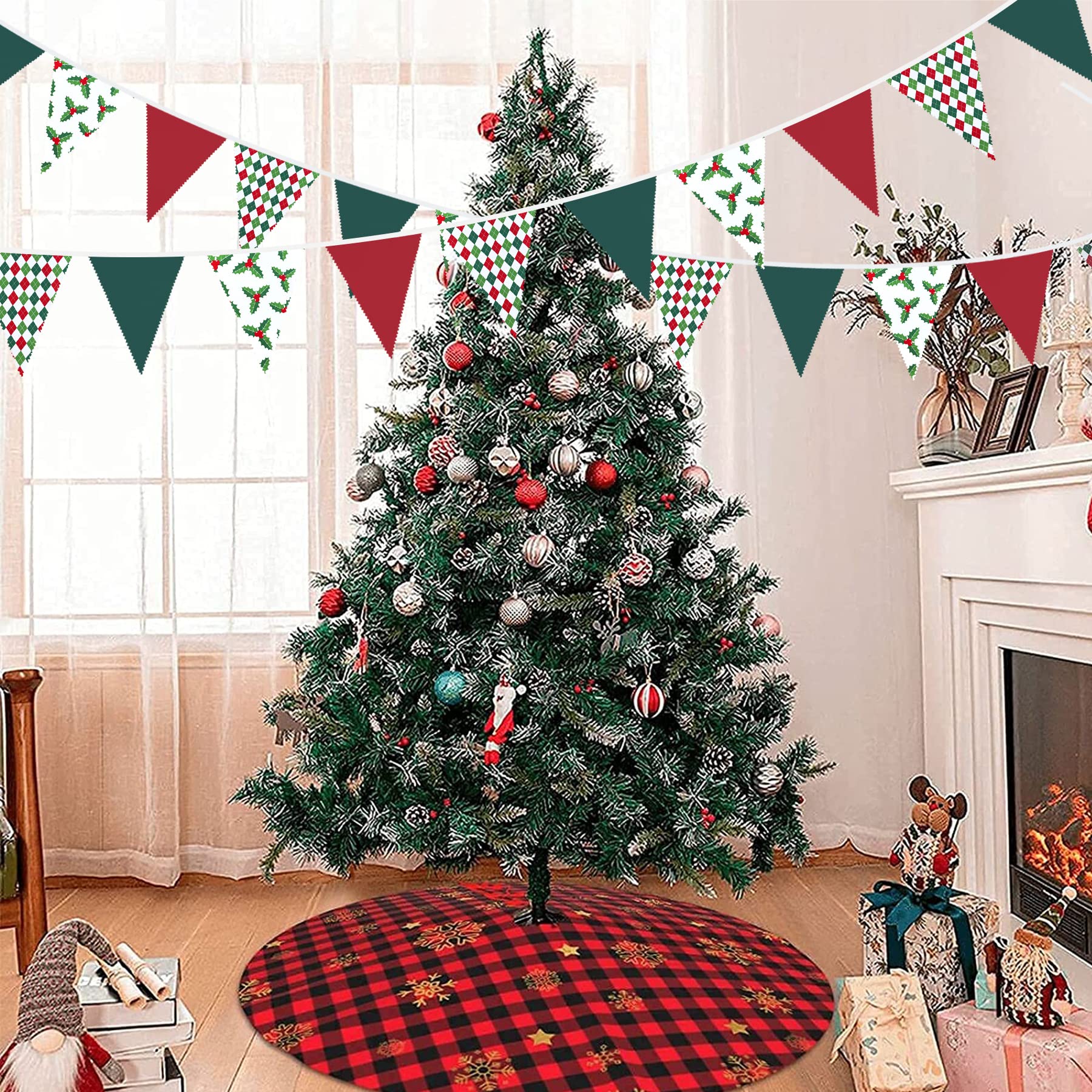 10M/32Ft Red Green Christmas Party Decorations Clearance Red Green Checkered And Holly Berries Triangle Flag Pennant Bunting Fab